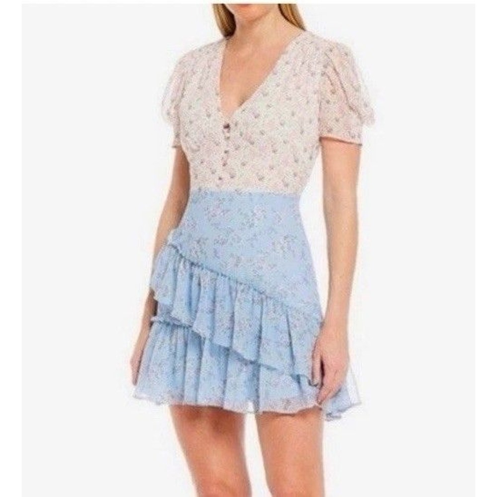 Shabby‎ Chic Mixed Floral Mini Dress Blue Pink Ruffle Tiered Puff Sleeve V-Neck